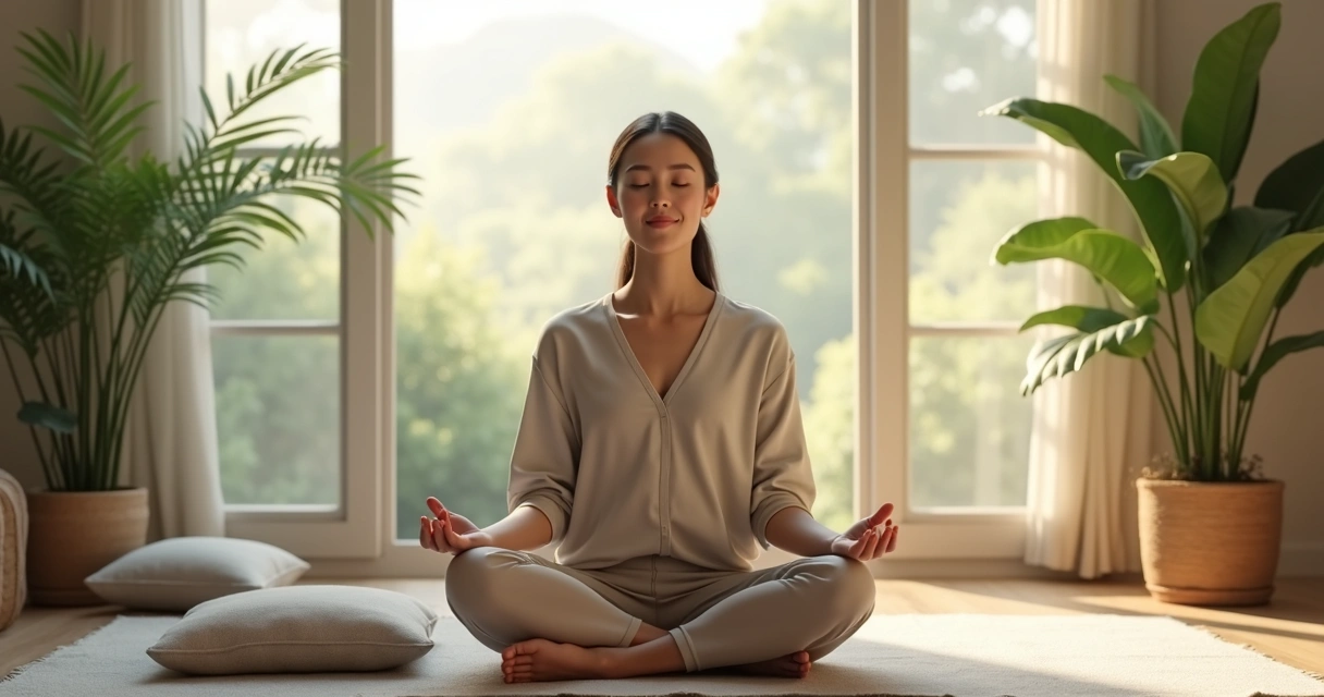 Pessoa sentada com postura relaxada em espaço tranquilo com plantas e luz natural