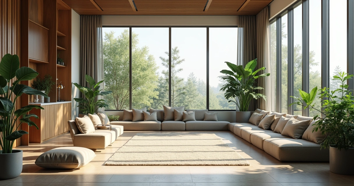 Sala de escritório moderna com área reservada para meditação, cadeiras confortáveis e plantas