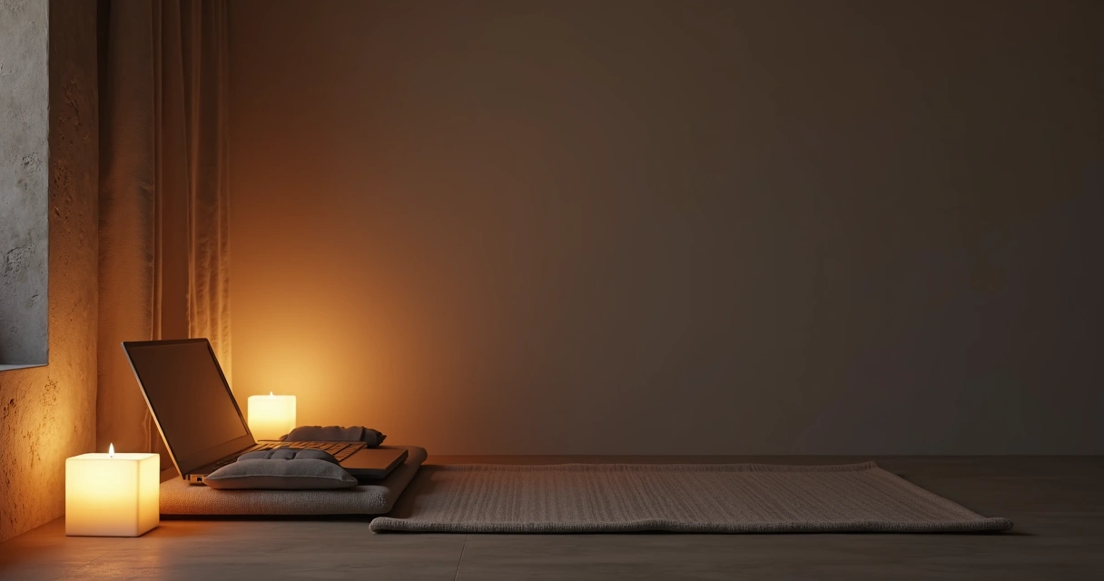 Espaço de meditação com computador desligado e almofada para meditar ao lado.