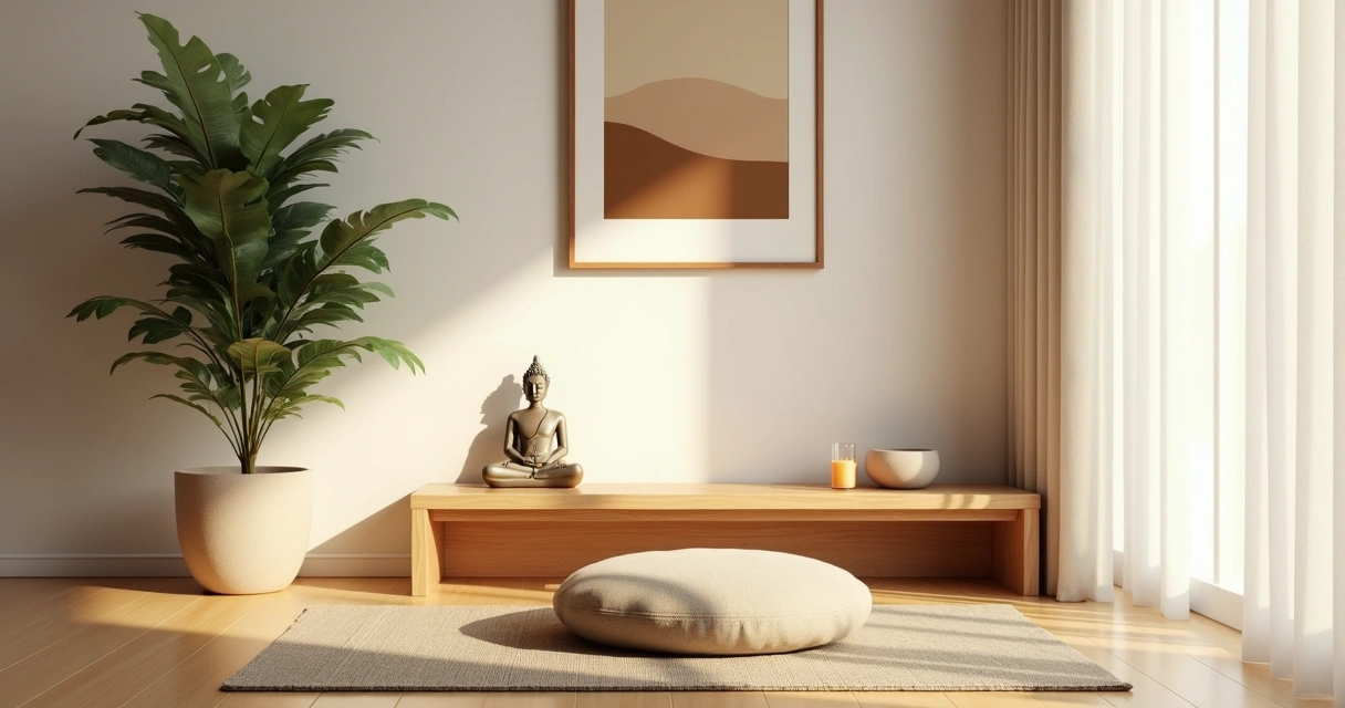 Canto de meditação minimalista em casa com almofada, planta e luz natural suave 