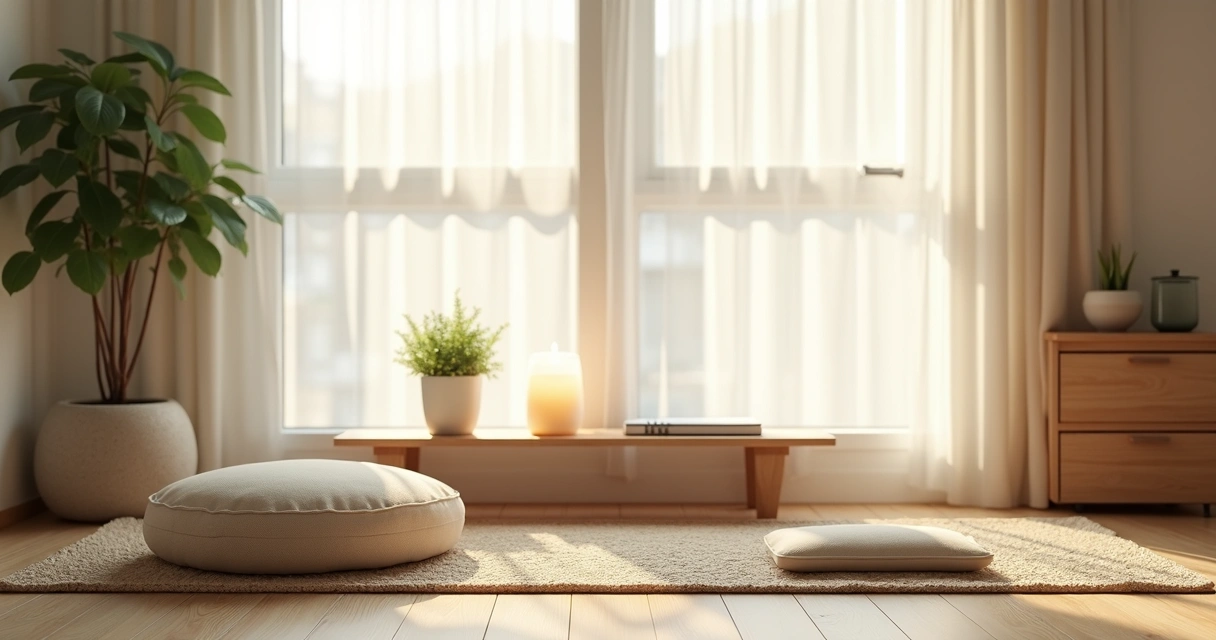 Sala minimalista com cantinho de meditação iluminado por luz natural 