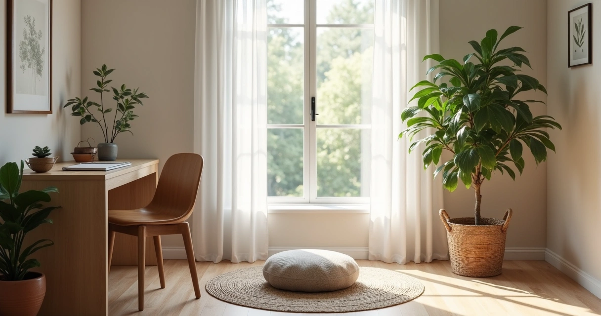Canto para meditação no home office com luz natural, almofada e planta pequena 