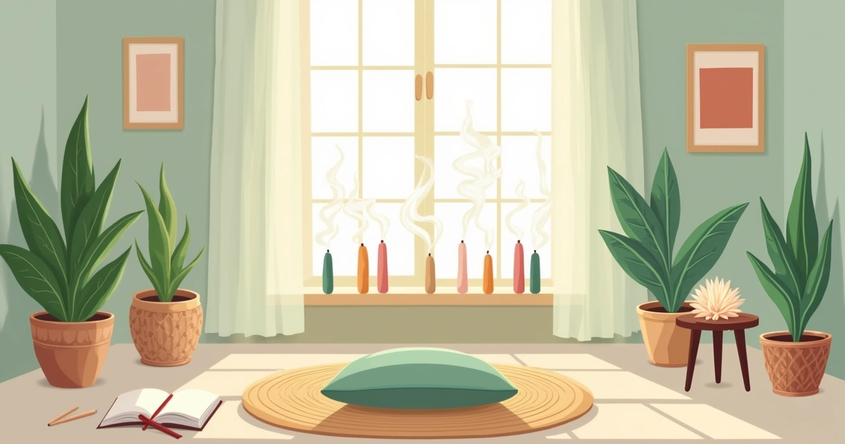 Espaço tranquilo para meditação com incensos, almofada, luz suave e plantas decorativas.