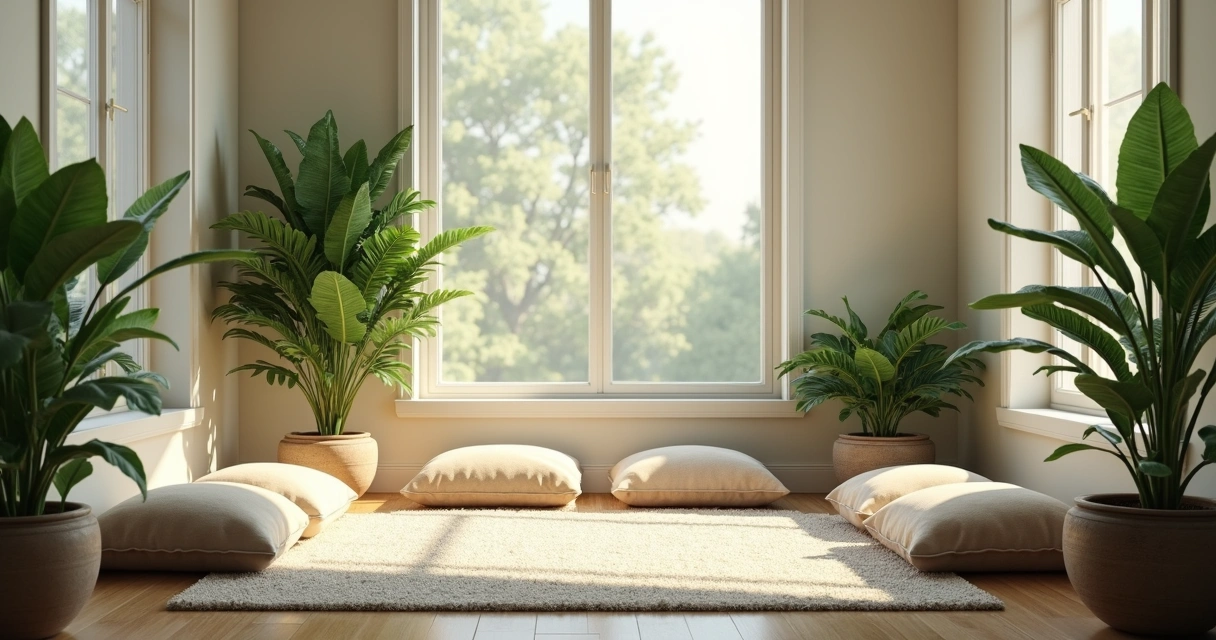 Espaço de meditação em casa com plantas, almofadas e luz suave. 