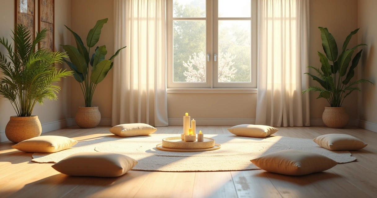 Cantos tranquilos com almofadas, luz suave e plantas, criam ambiente de meditação