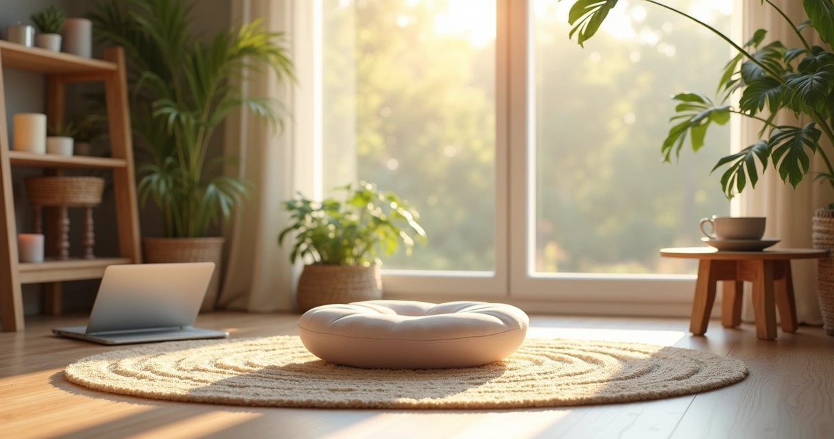 Espaço relaxante para meditação com almofada, plantas e luz suave do sol.