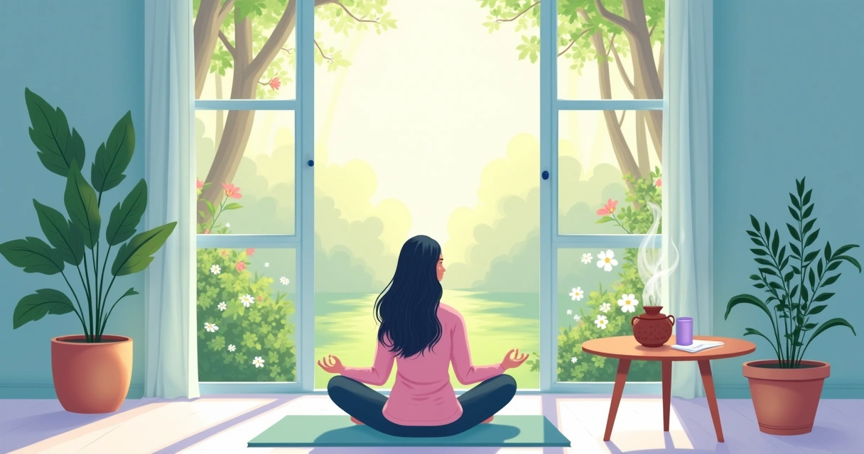Espaço de meditação com uma pessoa em calma, jardins ao fundo, caderno e incenso, certeza de tranquilidade.