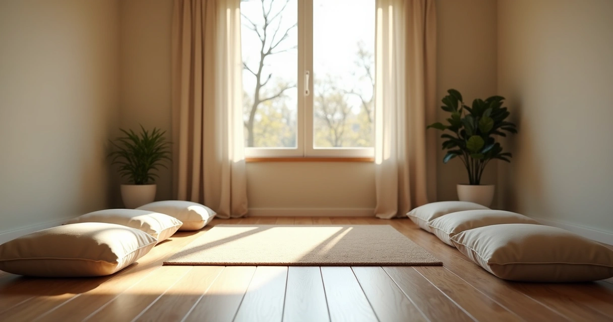 Sala tranquila com almofadas de meditação e iluminação natural 