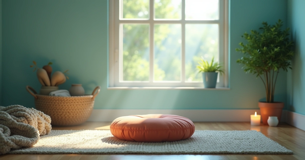 Espaço sereno de meditação com almofada, planta, vela e luz suave. Técnicas de meditação destacadas suavemente.