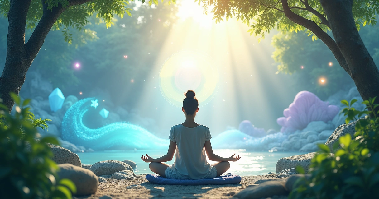 Espaço de meditação sereno com pessoa sentada em um almofada, rodeada de natureza e luz suave.