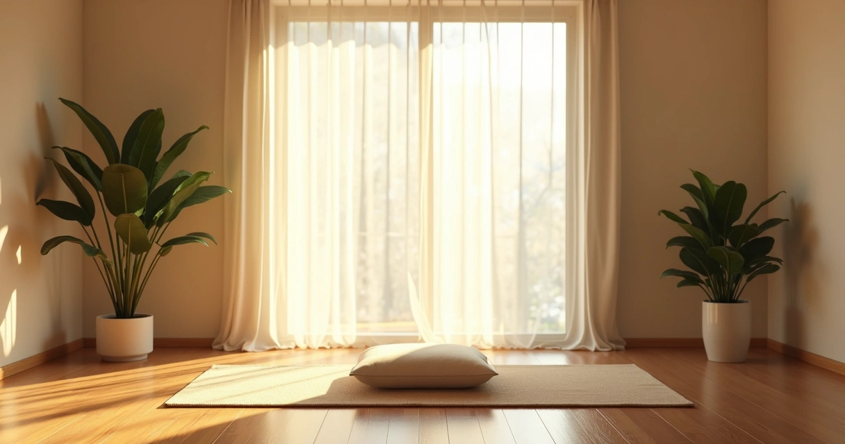 Espaço silencioso com almofada para meditação e luz suave