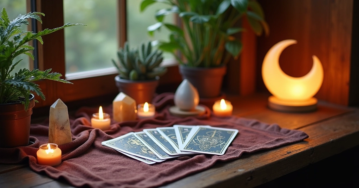 Espaço de meditação para tarot com luz suave e cristais 