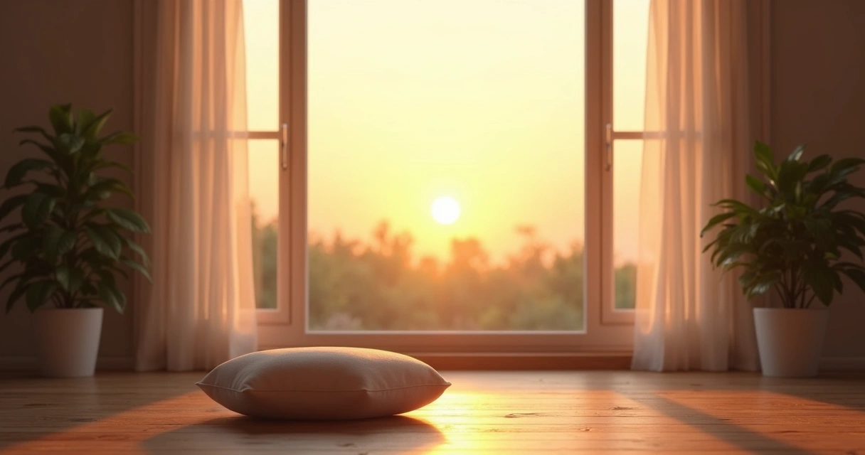 Ambiente tranquilo de meditação com almofada e luz suave 