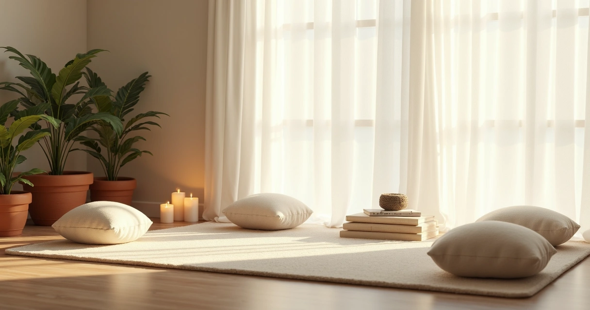 Espaço de meditação com velas e plantas ao lado de almofadas 