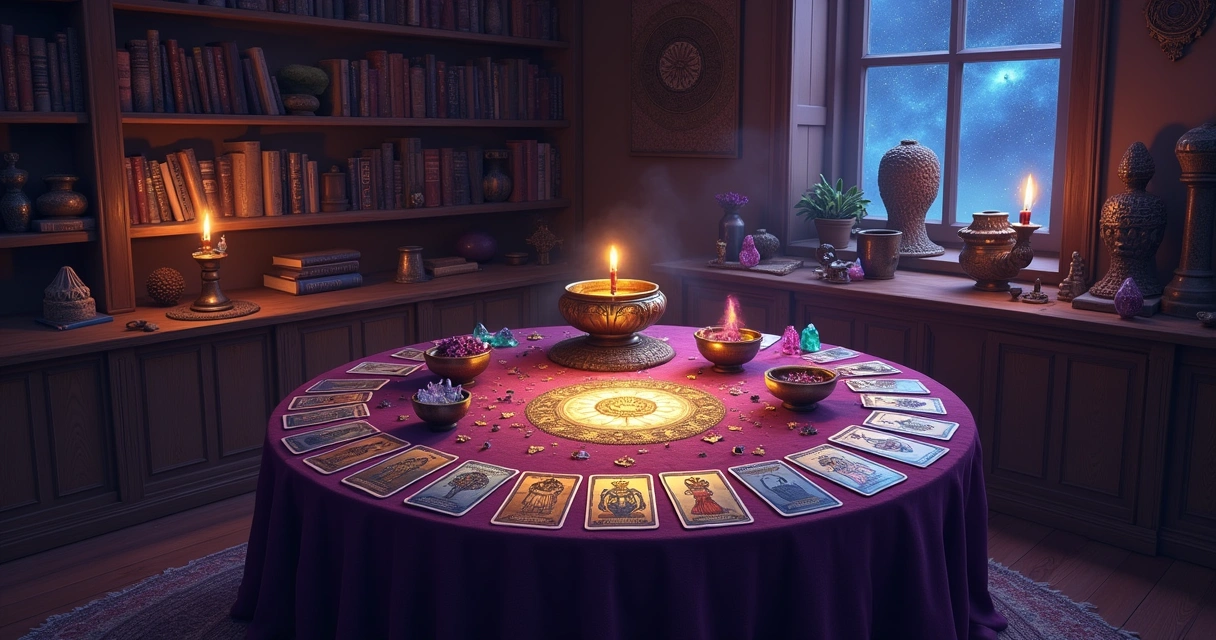Espaço místico com mesa, cartas de tarot, búzios e cristais em um ambiente acolhedor e iluminado suavemente.