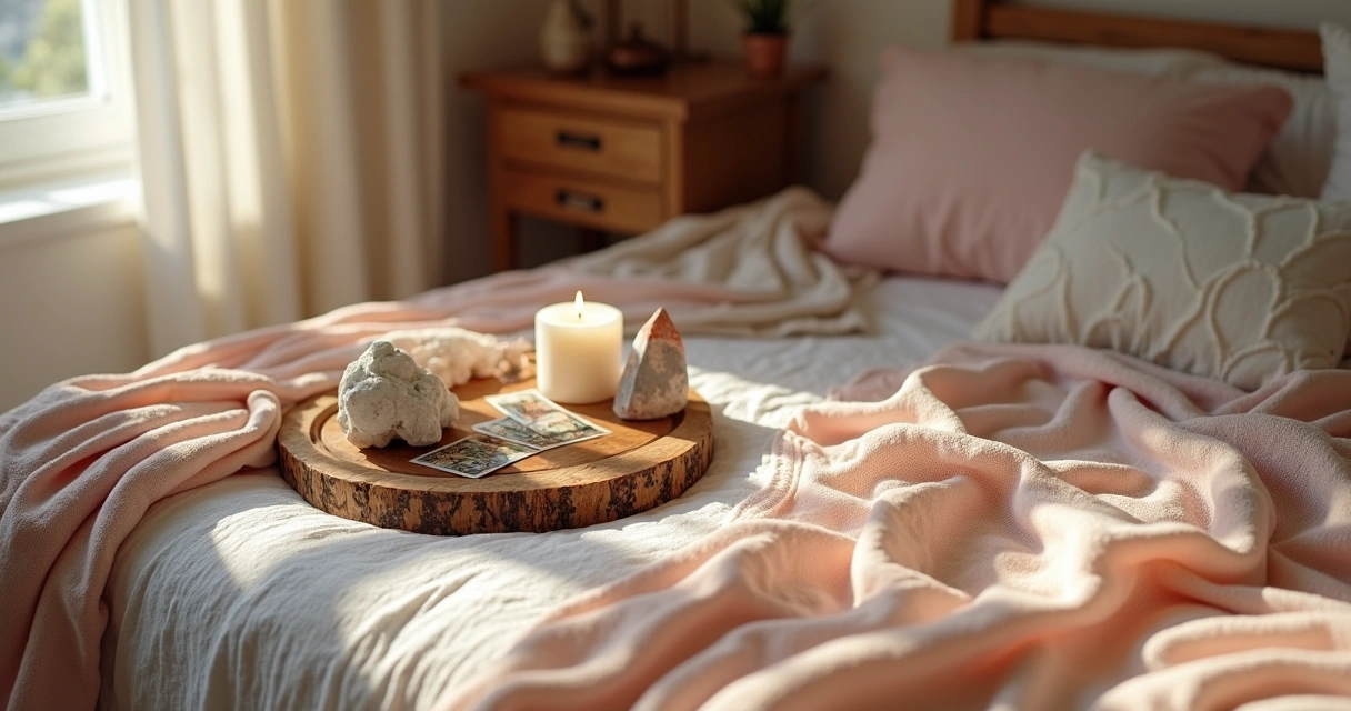 Mesa pequena com cartas de tarot, cristais e vela em quarto feminino