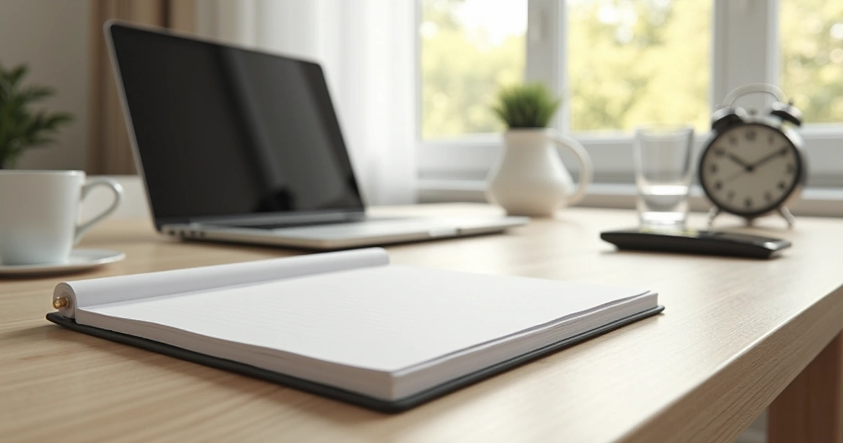 Mesa organizada com caderno, laptop e ambiente calmo de trabalho 
