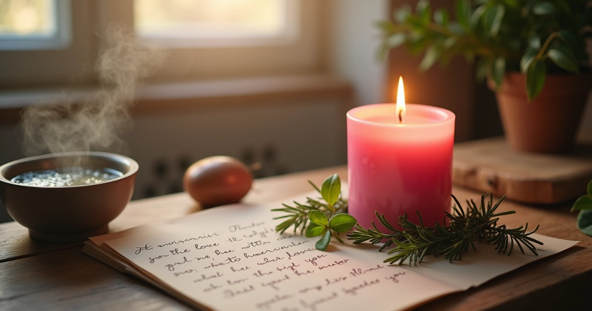 Espaço sereno com vela rosa, ervas frescas e uma carta de amor em uma mesa de madeira.
