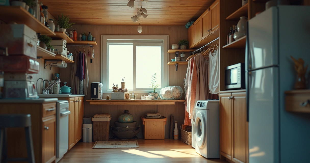 Kitnet pequena com móveis e ítens empilhados, mostrando limitação de espaço 