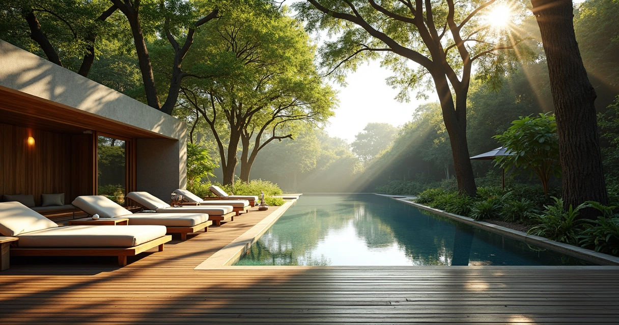 Área de relaxamento de spa com piscina e natureza ao fundo 