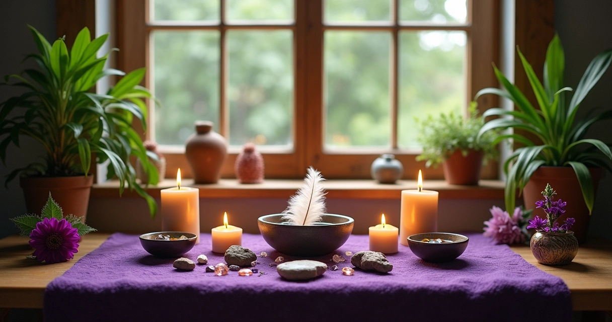 Altar místico com elementos da natureza e velas 
