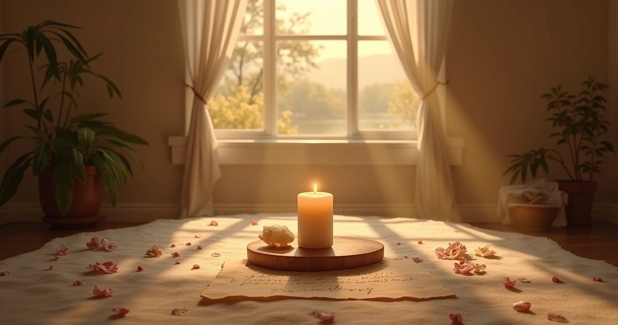 Espaço de ritual com mesa de madeira, vela acesa, cristal e flores, transmitindo tranquilidade e intenções.