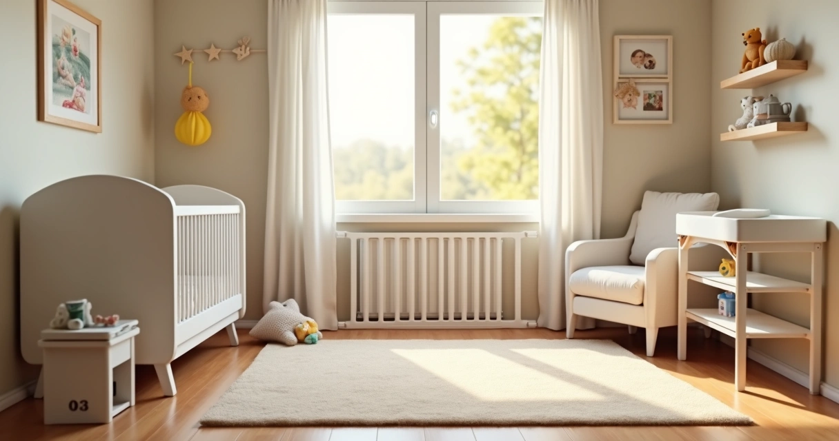 Quarto de bebê organizado e seguro com proteção nas tomadas, tapete macio e móveis com cantos arredondados 