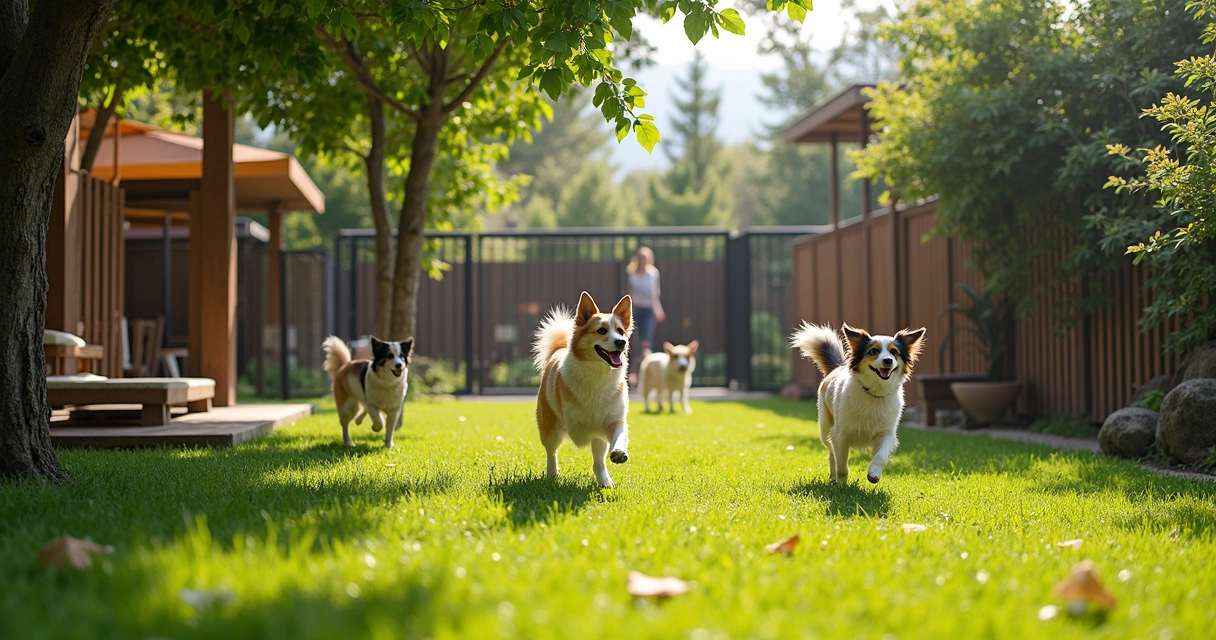 Jardim seguro para cães brincar com portão fechado e brinquedos.