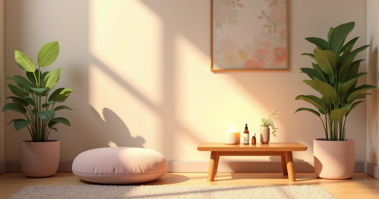 Espaço sereno de meditação com um canto acolhedor, velas acesas, plantas e suavidade na iluminação.