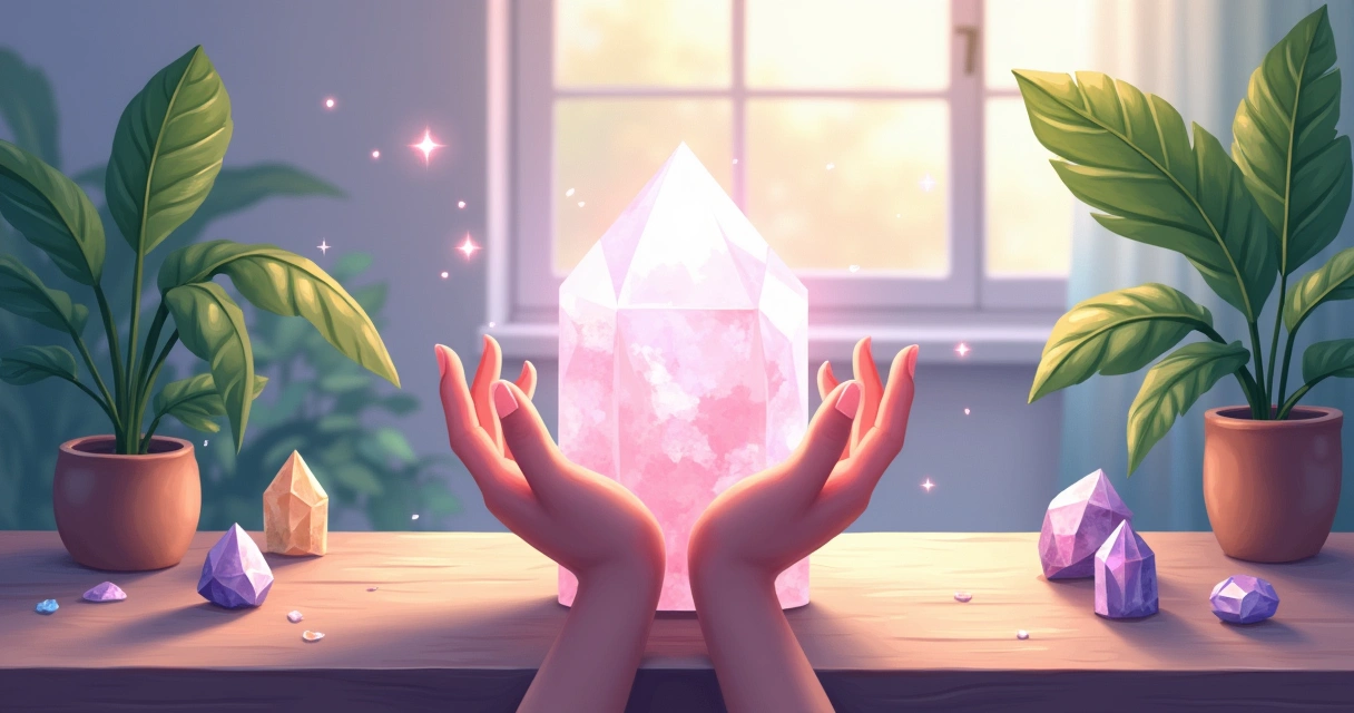 Ilustração de um espaço sereno com um cristal de quartzo rosa ao centro, cercado por plantas verdes e iluminação suave.