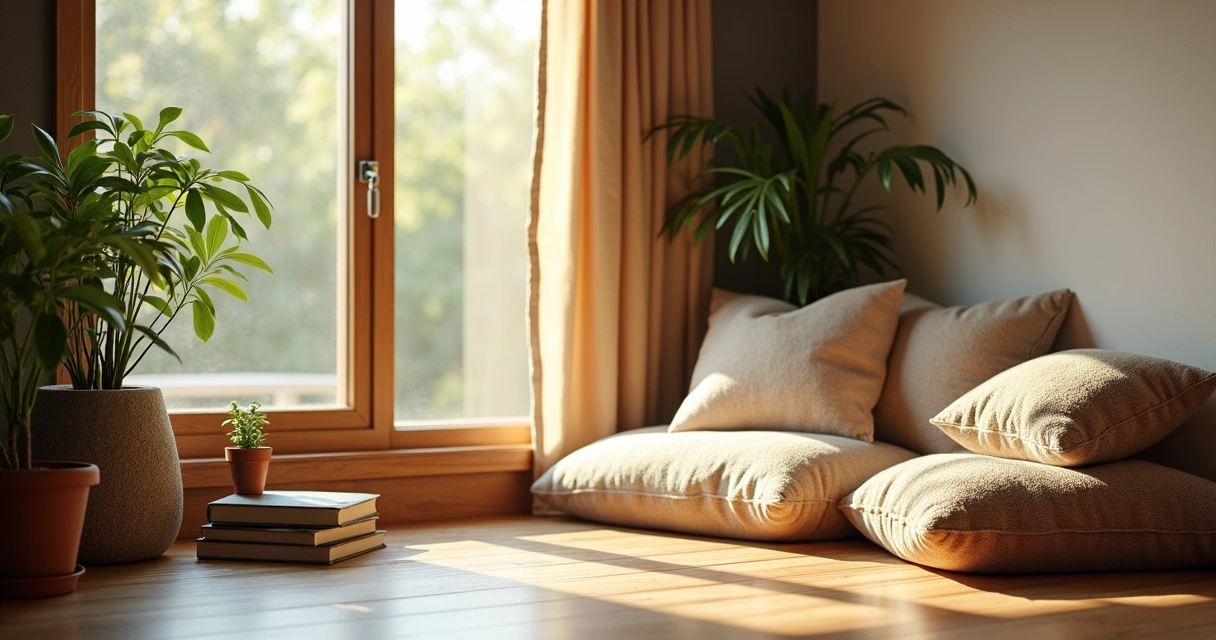 Cantinho silencioso em uma casa com almofada e luz natural suave. 
