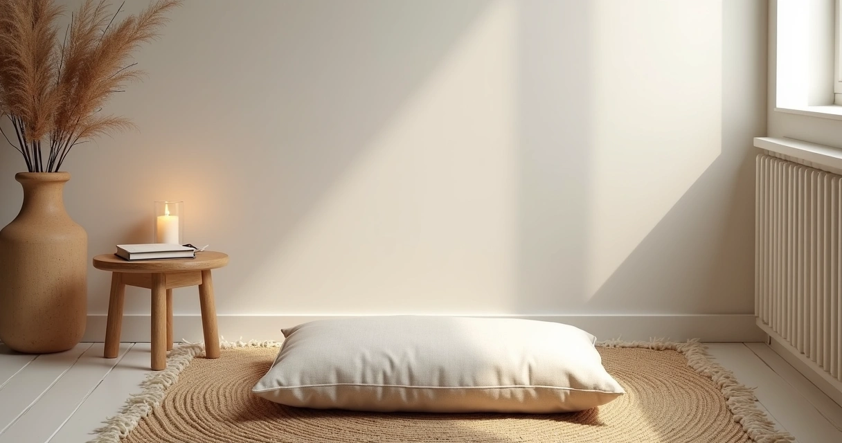 Canto simples com almofada, vela apagada e luz suave para meditar