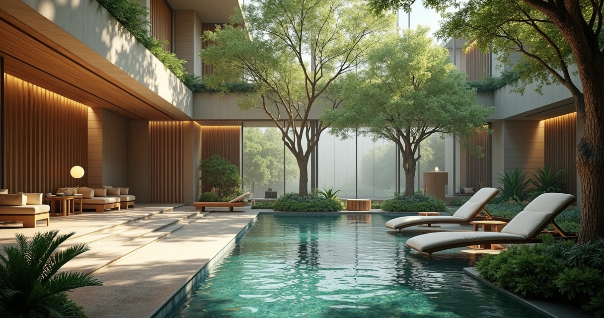 Ambiente interno de spa com arquitetura contemporânea e árvores centenárias 