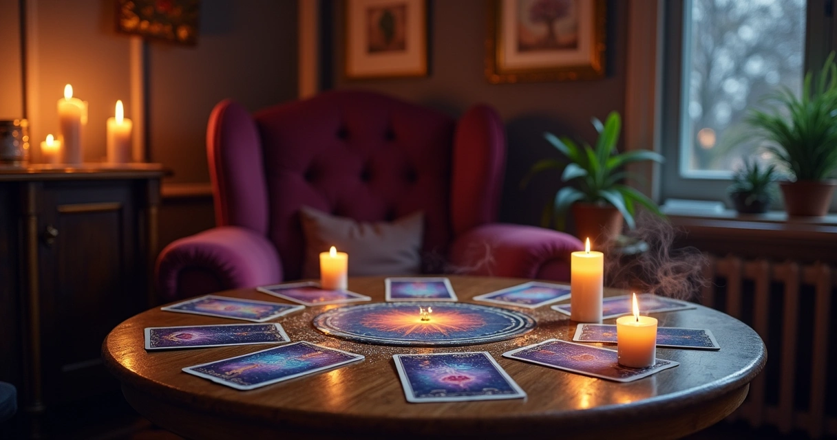 Espaço aconchegante com mesa redonda de tarô, cartas espalhadas e velas, criando um ambiente calmo e introspectivo.