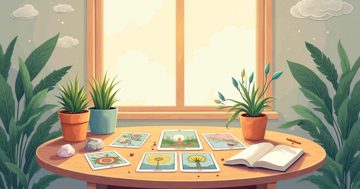 Espaço tranquilo para práticas de tarô com cartas, diário, plantas e luz suave.