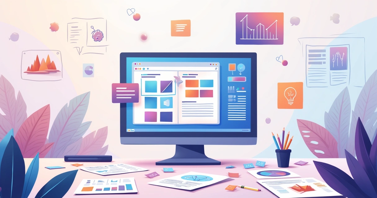 Espaço de trabalho vibrante com tela de computador mostrando a interface do Bubble e esboços de ideias de aplicativos.