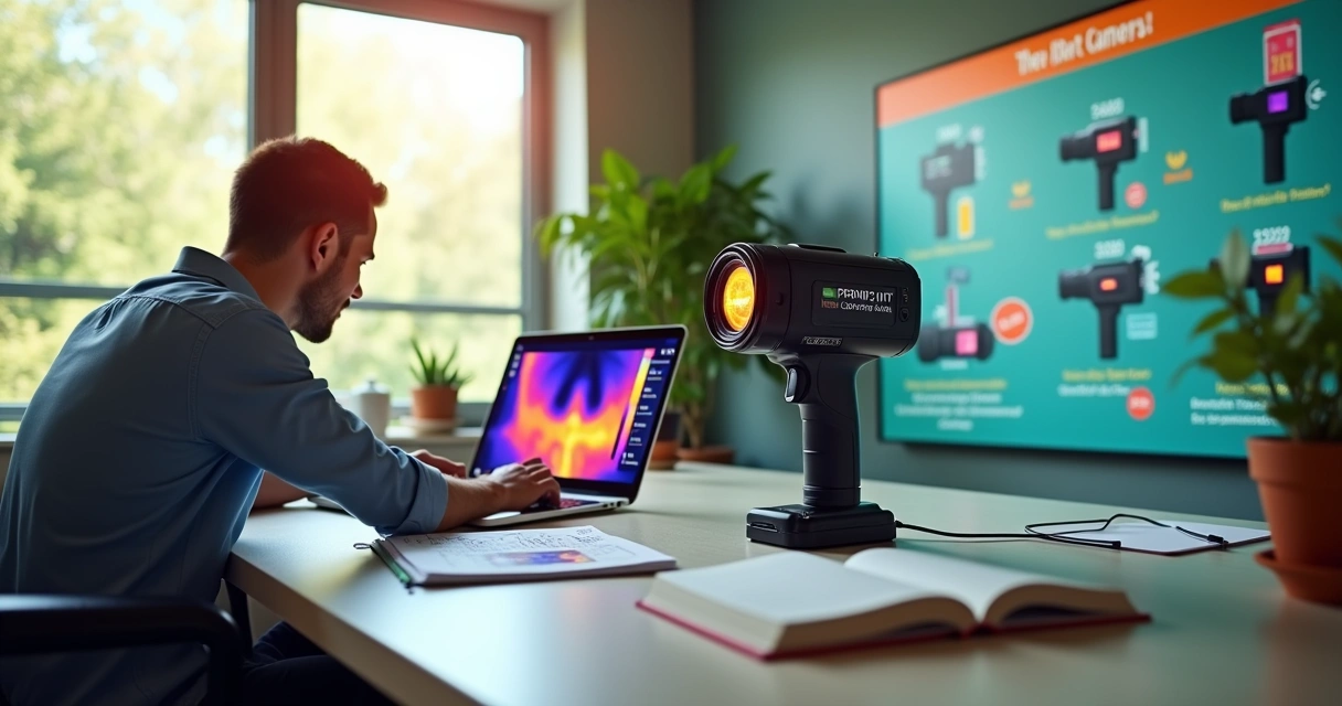 Espaço de trabalho moderno com câmera termográfica e profissional analisando imagens térmicas.