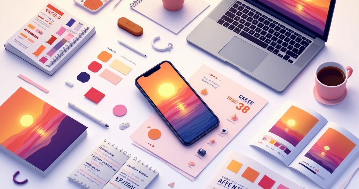 Espaço de trabalho estético com smartphone, paletas de cores, imagens e elementos gráficos para postagens do Instagram.