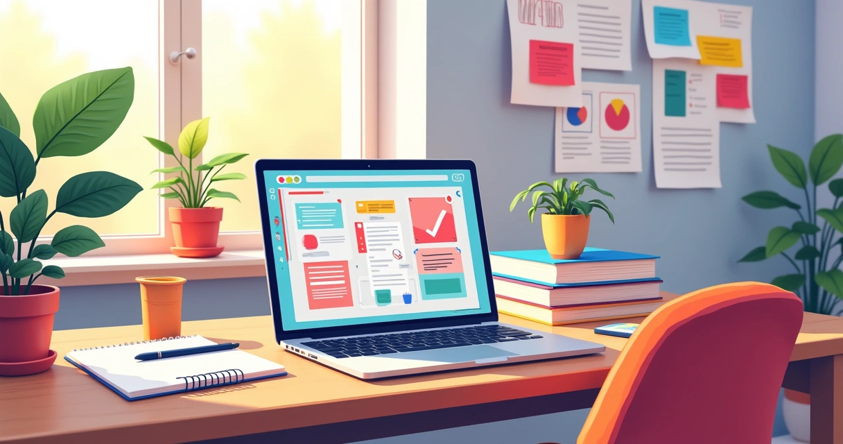 Espaço de trabalho moderno de um designer UI/UX com laptop, esboços e plantas.