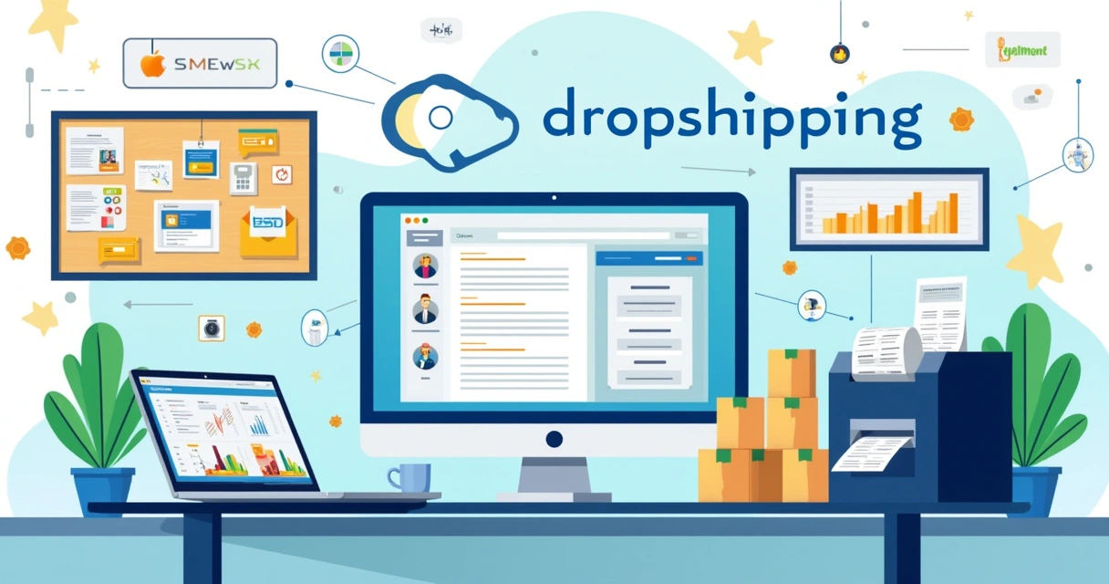 Espaço de trabalho de dropshipping com computador, integração de vendas e impressora de etiquetas.