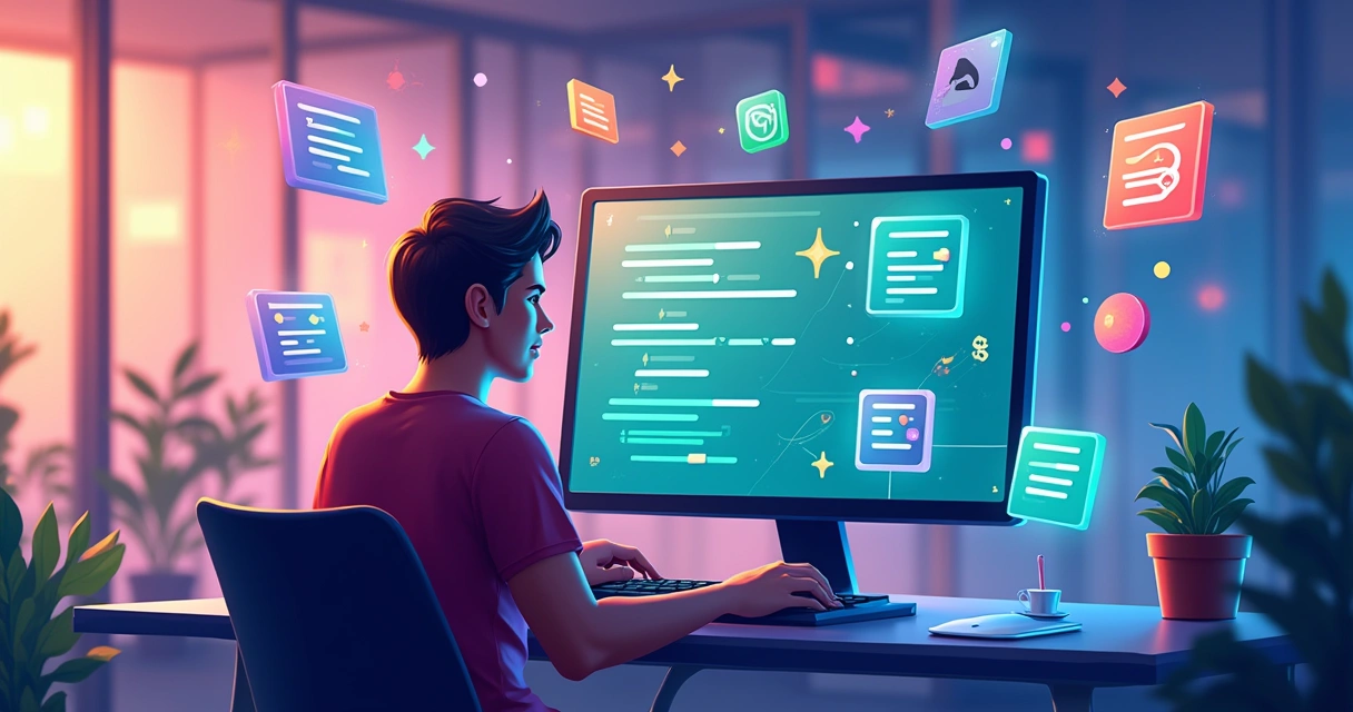 Espaço de trabalho moderno com desenvolvedor integrando a API do GPT-4.1 em um aplicativo.