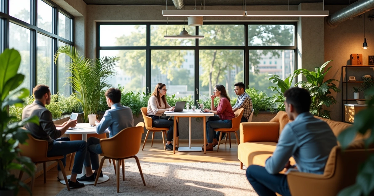 Espaço de trabalho colaborativo com luz natural, plantas e pessoas conversando 