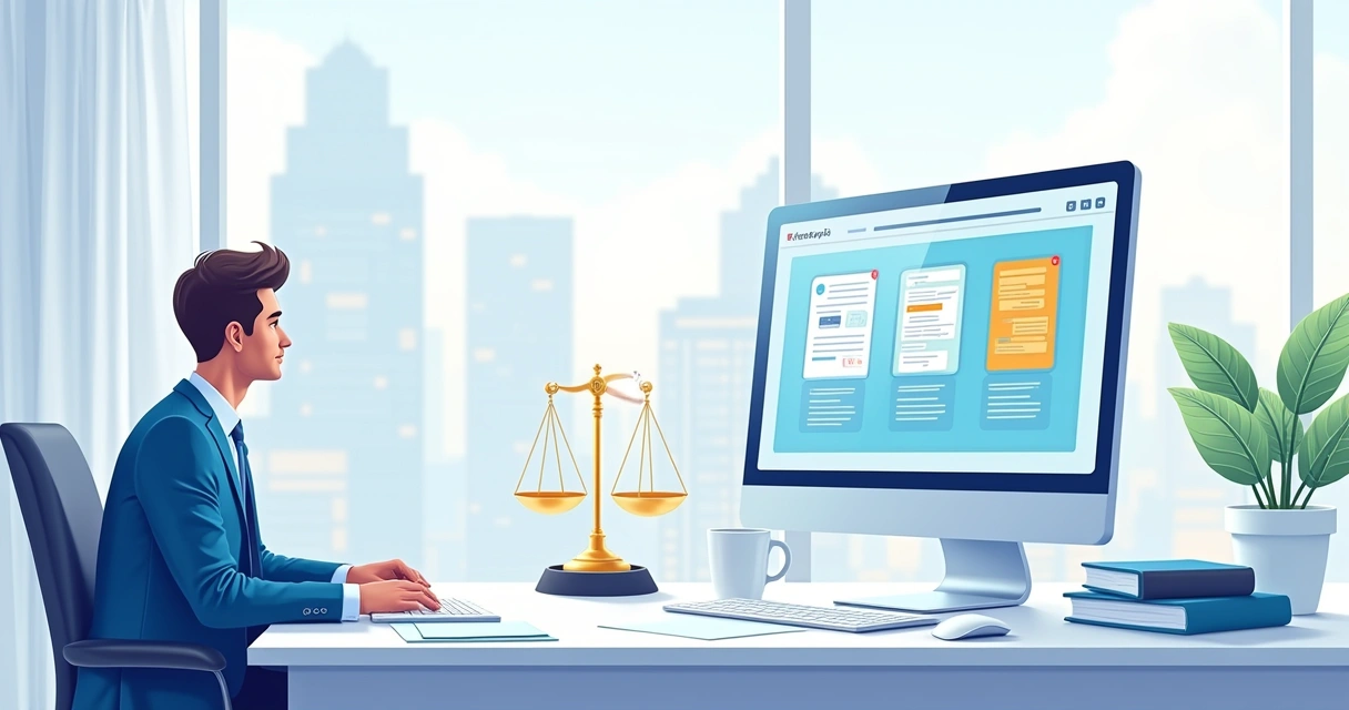 Ilustração de um espaço de trabalho legal moderno com foco na plataforma AdvTechPro.ai para advogados no Brasil.
