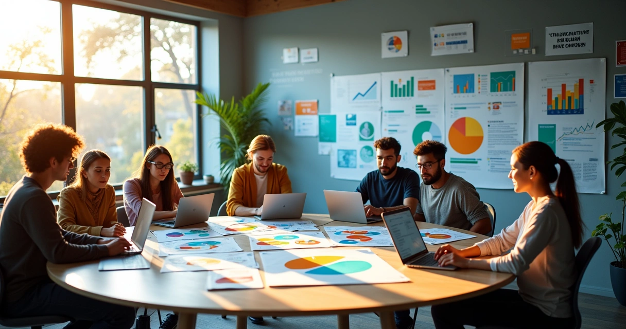 Espaço de trabalho digital com equipe de marketing colaborando em materiais de design, luz natural, cores vibrantes.