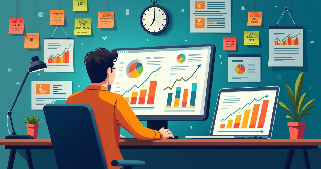 Ilustração de um espaço de trabalho de marketing digital com gráficos e métricas do Google Ads.