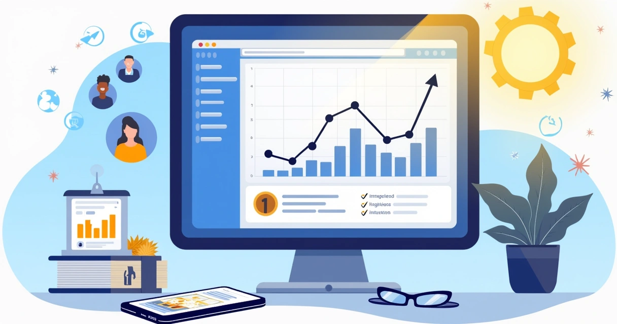 Ilustração de um espaço de trabalho de marketing digital com tela de anúncios do Facebook e ícones de público-alvo.