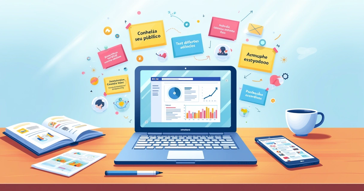 Ilustração de um espaço de trabalho digital de marketing com um laptop mostrando campanhas do Facebook Ads.