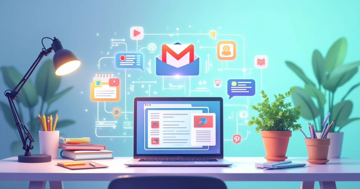 Ilustração de um espaço de trabalho moderno com laptop, ícones de automação e fundo em degradê calmante.