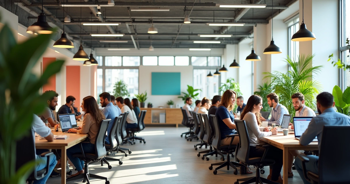 Espaço de trabalho moderno com luz natural, plantas e pessoas trabalhando de forma colaborativa 