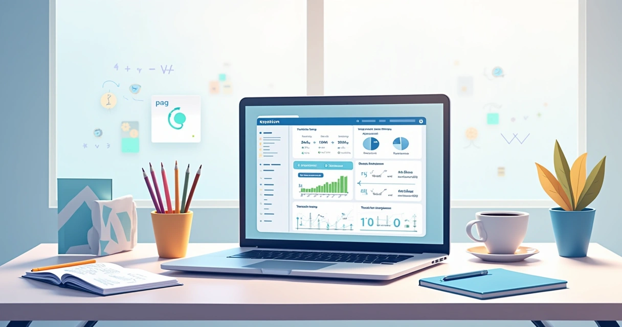 Espaço de trabalho digital com Notion exibindo equações e cálculos organizados em um laptop moderno.